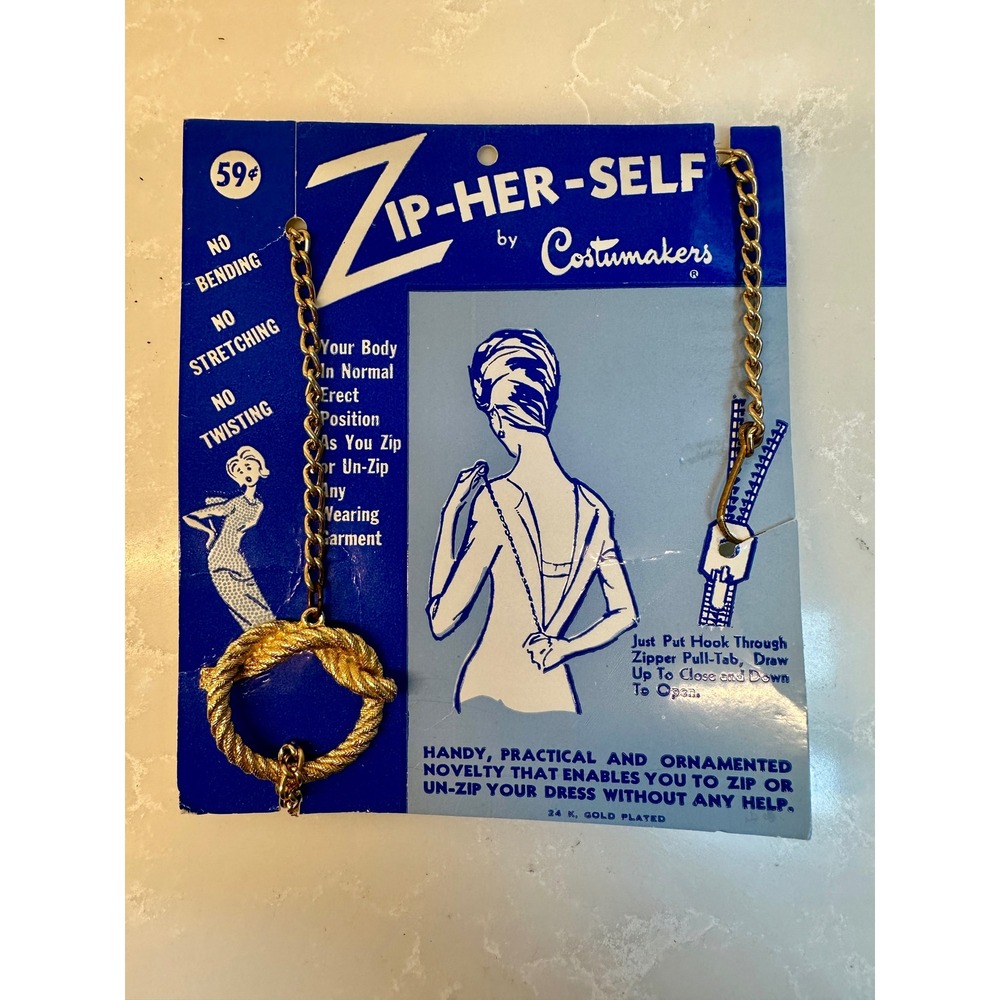Vintage 1950s Zip-Her-Self 24k Gold Plated Ring Dress Zipper Pull NOS Carded
